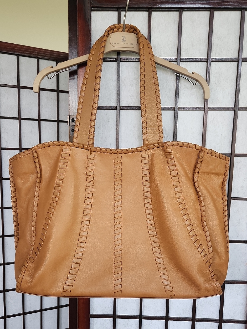 Vince Camuto Tan Pebbled Leather Shoulder Bag with Gold Plaque